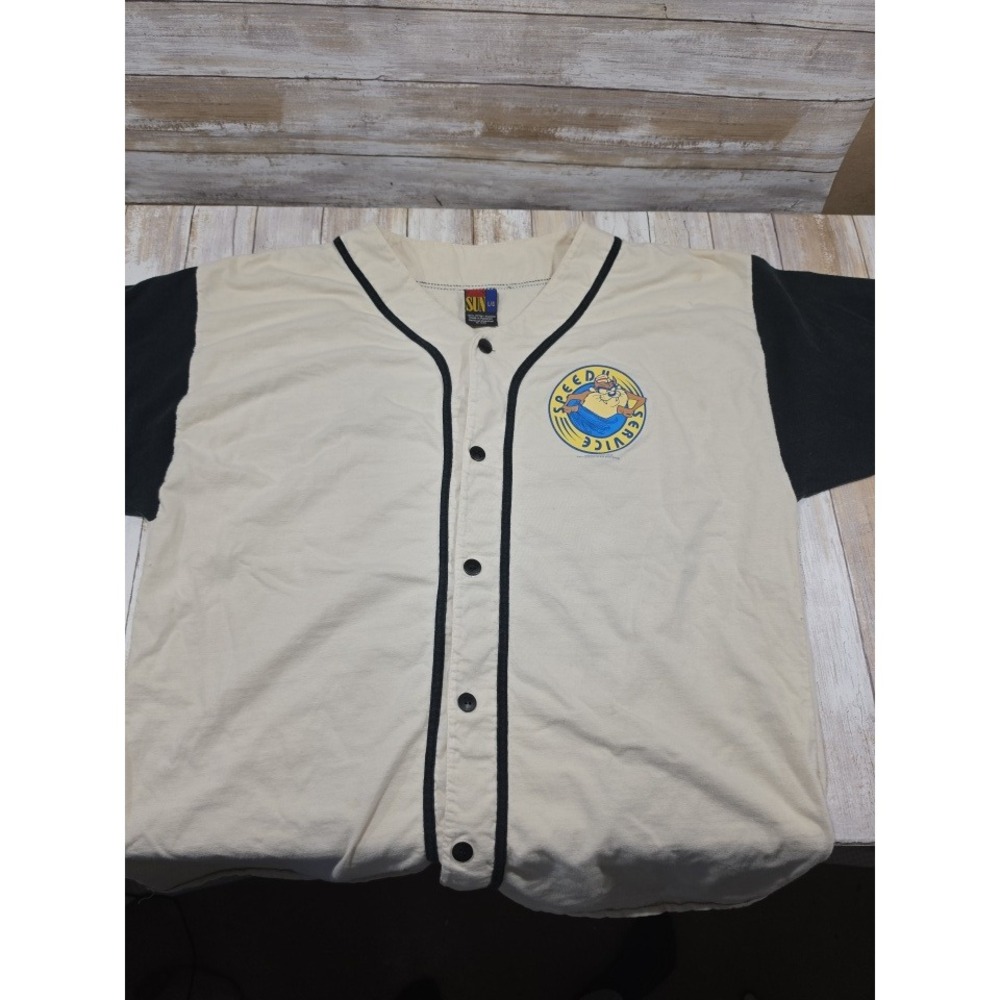Vintage 1995 Looney Tunes Bugs Bunny Taz Baseball Jersey Sun Sportswear‎ Cream L